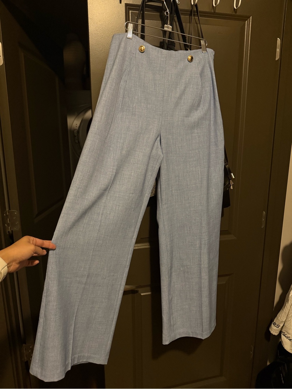 Michael Kors Light Blue Wide-Leg High-Rise Trousers with Gold Buttons